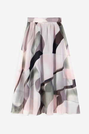 Chiffon midi skirt with abstract print in blush pink, grey, and black.