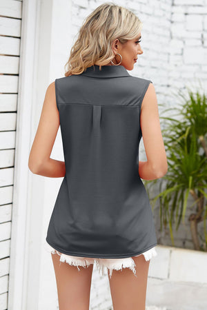 Sleeveless dark gray collared top with pleat detail on back, casual style