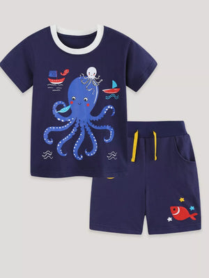 Navy cotton baby outfit with octopus graphic tee and shorts.