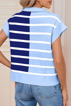 Colorblock ribbed zip polo in light blue and navy with white stripes.