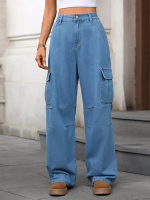 Blue high-waisted denim cargo pants with multiple pockets and a relaxed fit.