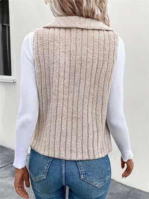 Textured teddy collarless vest in Dust Storm, with ribbed texture and teddy collar detail.