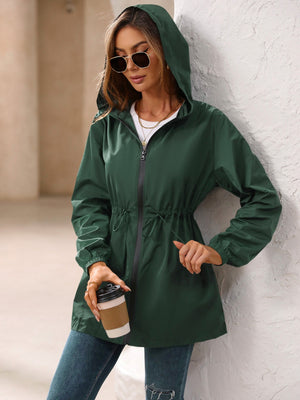 Dark green hooded jacket with cinched waistline and zip front, perfect for casual wear.