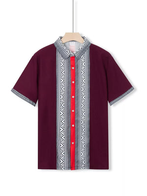 Men's short sleeve shirt in wine red with bold geometric print panels and red button placket.