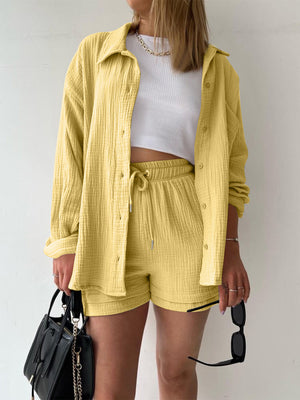 Yellow textured gauze shirt and shorts set with drawstring waist, button front, and collared neckline.