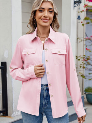 Blush pink utility crepe shirt with button-flap chest pockets and roll-tab sleeves.