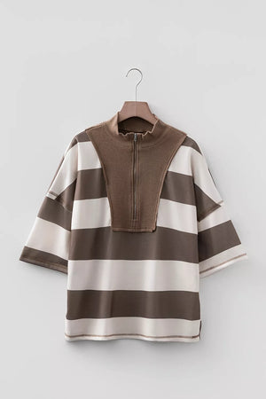 Striped Color Block Zip Collar Oversize Sweatshirt in Coffee Brown, close-up detail