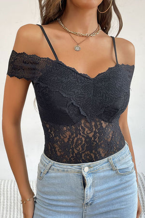 Black lace off-the-shoulder bodysuit with adjustable straps and scalloped trim.