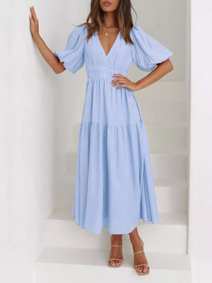 Elegant Puff Sleeve V-neck Midi Dress in Black, view 12