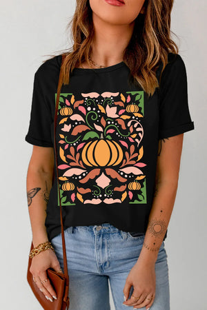 Black graphic tee with botanical pumpkin artful print