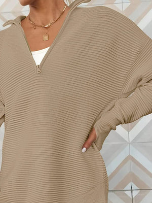 Camel ribbed knit pullover with funnel neck and quarter zip, long sleeves.