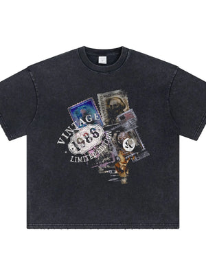 Black oversized t-shirt with vintage stamp graphic and "1988 Limited Edition" text.