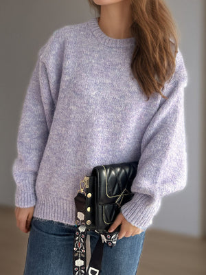Oversized crewneck lavender textured knit sweater with balloon sleeves.