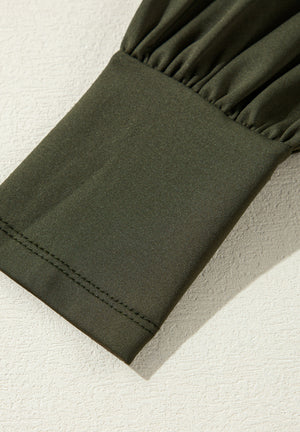 Army green bodysuit with ruched sleeve detail and contrast stitching