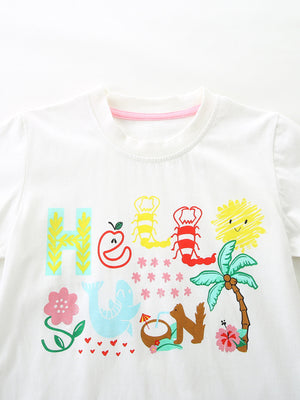 White cotton tee with colorful "Hello Sun" graphic and playful summer icons.