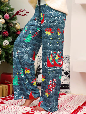 Peacock Blue wide-leg lounge trousers with festive Christmas print.