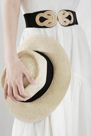 Black elastic belt with gold knotted buckle detail