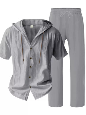 Gray linen blend hooded short sleeve top and drawstring pants loungewear set