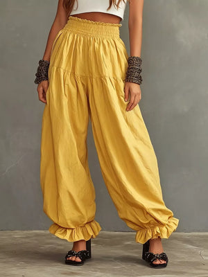 Full Size Smocked Ruffle Hem Wide Leg Pants in Mustard, alternate angle