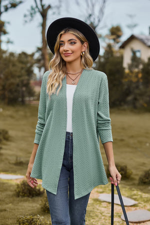 Sage textured knit cardigan with drape front and long sleeves.