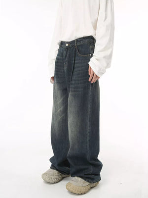 Men's dark wash wide leg denim jeans with a relaxed fit.