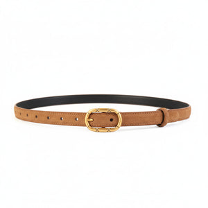 Brown cowhide leather belt with ornate golden buckle and adjustable holes.