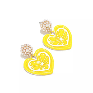Yellow heart-shaped lemon slice dangle earrings with pearl accents