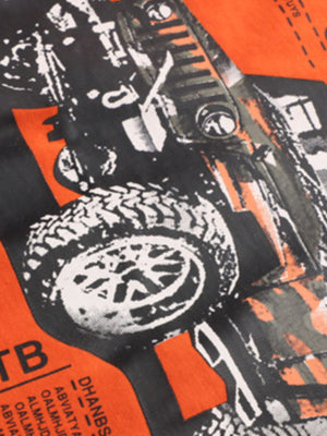 Orange cotton graphic tee with off-road vehicle print, crew neck, short sleeves.