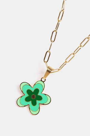 Enamel floral pendant necklace in green with gold-plated chain.