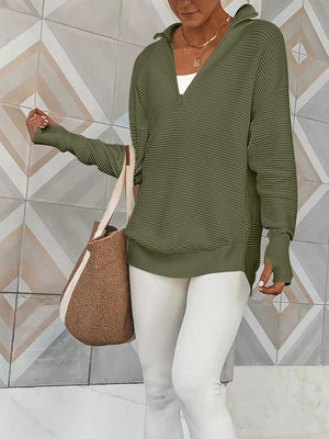 Moss ribbed knit pullover sweater with funnel neck and quarter zip, long sleeves.