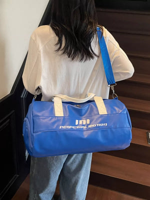 Blue pu leather sporty duffel bag with white graphic and handles.
