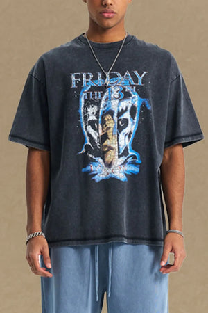 Vintage wash black graphic tee with Friday the 13th horror movie print.