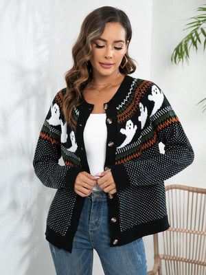 Black acrylic button-down cardigan with ghost Fair Isle pattern and ribbed cuffs