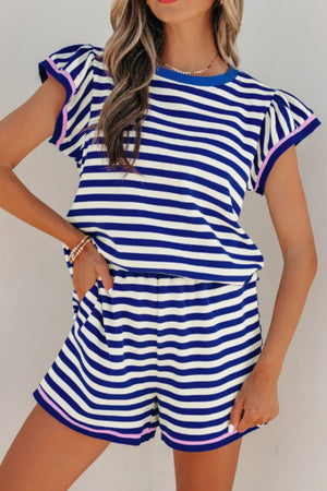 Blue and white striped polyester two-piece set with ruffle sleeves and pink trim.