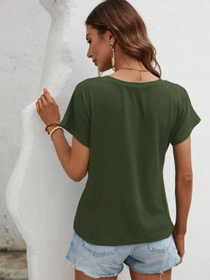 Moss green t-shirt with short sleeves and a draped knot front detail.