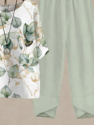 Floral print half sleeve top with Gum Leaf pants set.