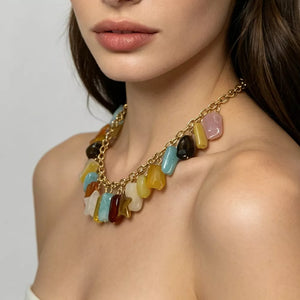 Bohemian Multi-color Gemstone 18k Gold-plated Necklace in Gold, close-up detail