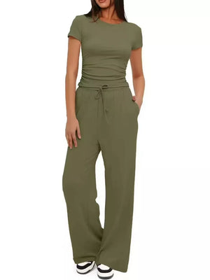 Ruched Short-sleeve Pants in Khaki Color, product detail