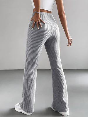 Light gray ribbed high waist flare pants with a comfortable knit fabric.