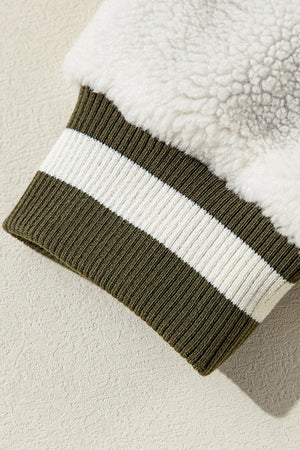 Moss corduroy varsity jacket sleeve with sherpa lining and striped rib knit cuff