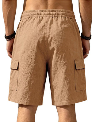 Apricot cargo shorts with drawstring waist and crinkled texture.