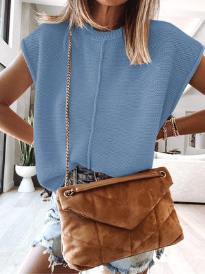 Misty Blue knit tank top with center seam detail and crew neck.
