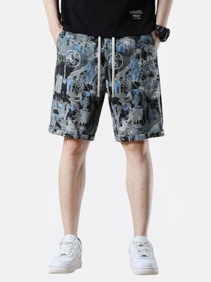 Casual cotton-blend chino shorts in dark gray with abstract print and drawstring waist.
