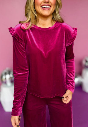 Velvet culotte set in deep rose with flutter sleeve top and wide leg pants.