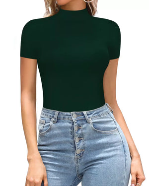 Dark green mock neck short sleeve bodysuit with a form-fitting silhouette.