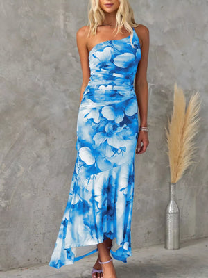 Sky blue floral one-shoulder maxi dress with ruched side and asymmetrical hem