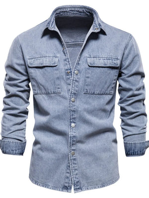 Light faded denim utility shirt jacket with two chest pockets and button front.