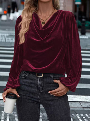 Burgundy velvet cowl neck blouse with long sleeves