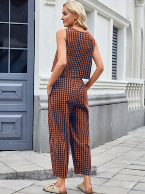 Gingham cropped tank and wide leg pants set in rust.