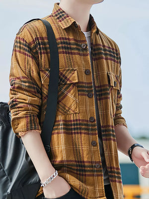 Men's cotton button-up shirt in Yellow Blue Grid plaid with two chest pockets.